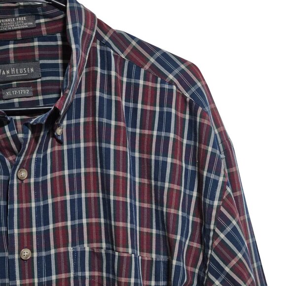 Van Heusen Wrinkle Free Button Up Shirt Mens Size XL Red Blue Plaid Long Sleeve - Picture 3 of 5
